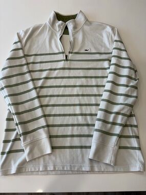 Men’s XL Vineyard Vines Striped Quarter-Zip Pullover - White & Sage